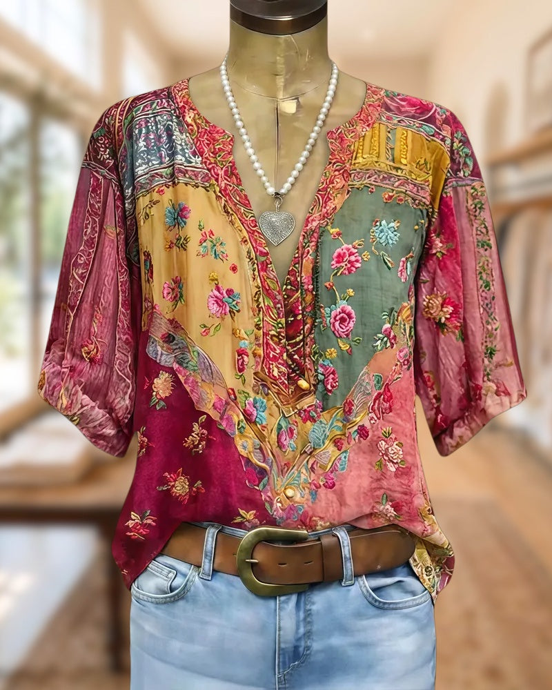Floral Print Patchwork Colorful V Neck Blouse
