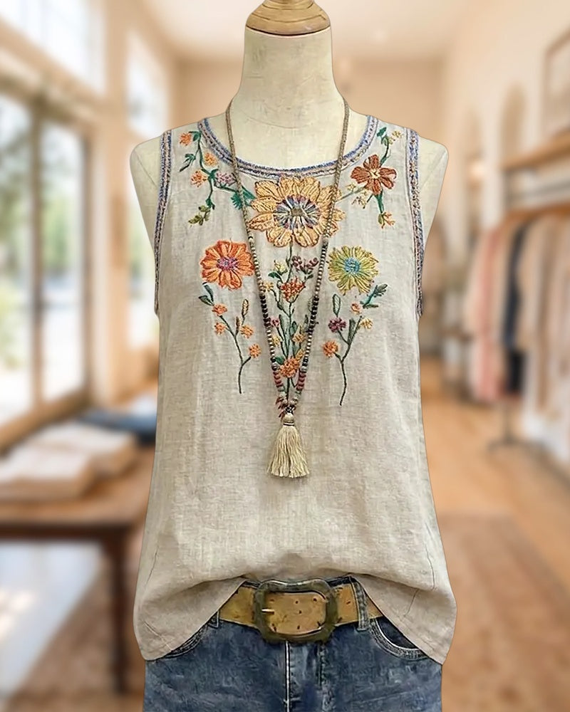 Floral Embroidered Sleeveless Round Neck Loose Casual Tank Top