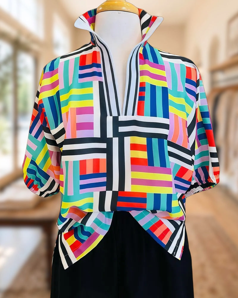 Color Block V Neck Bright Blouse