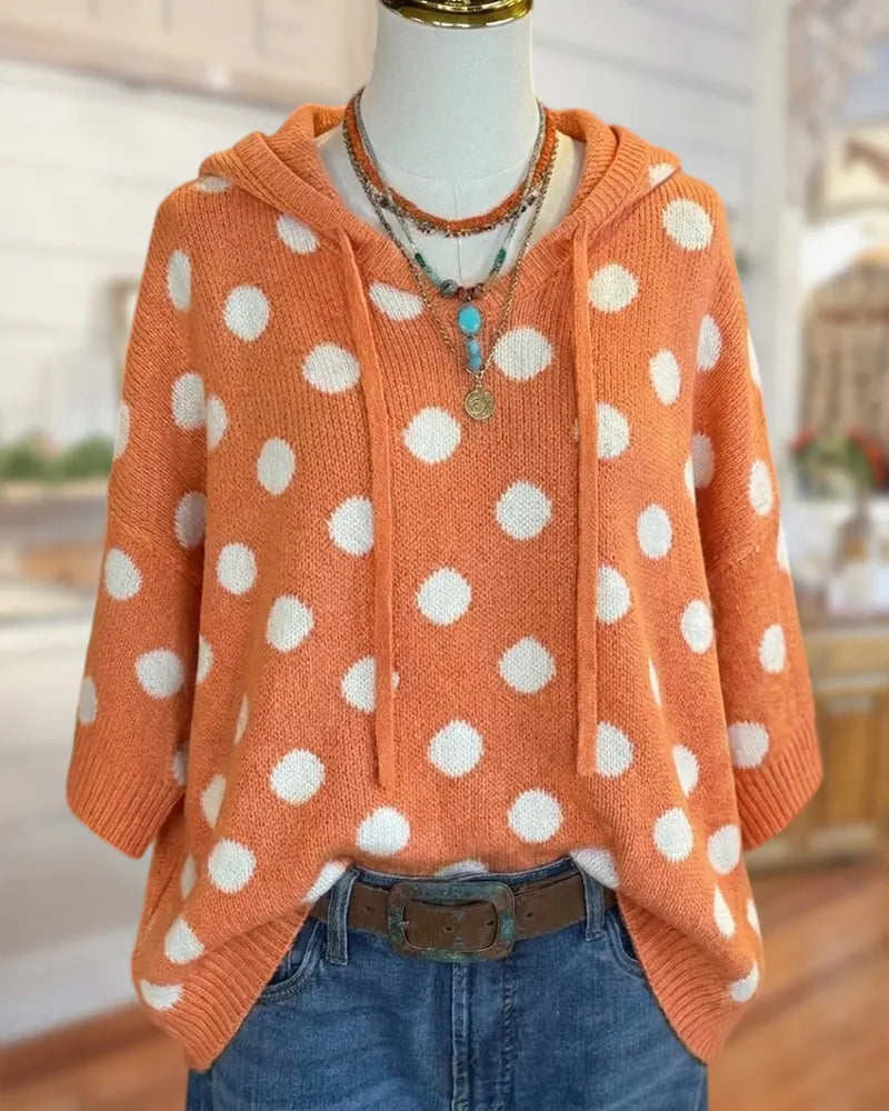 Polka Dot Hooded Drawstring Half Sleeve Loose Fit Knit Sweater