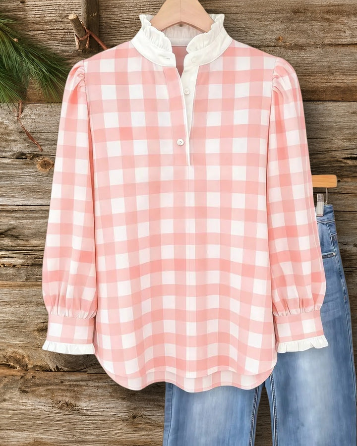 Puff Sleeve Ruffled Collar Plaid Print Girly Blouse