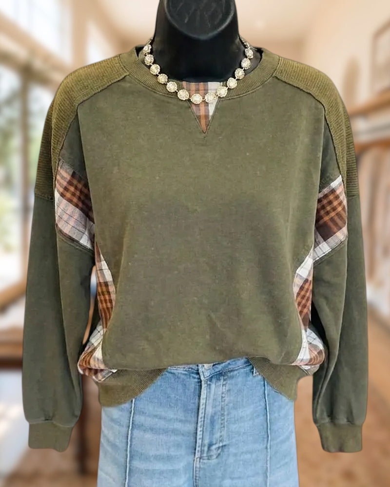 Plaid Patchwork Crew Neck Long Sleeve Contrast Panel Casual Sweatshirt