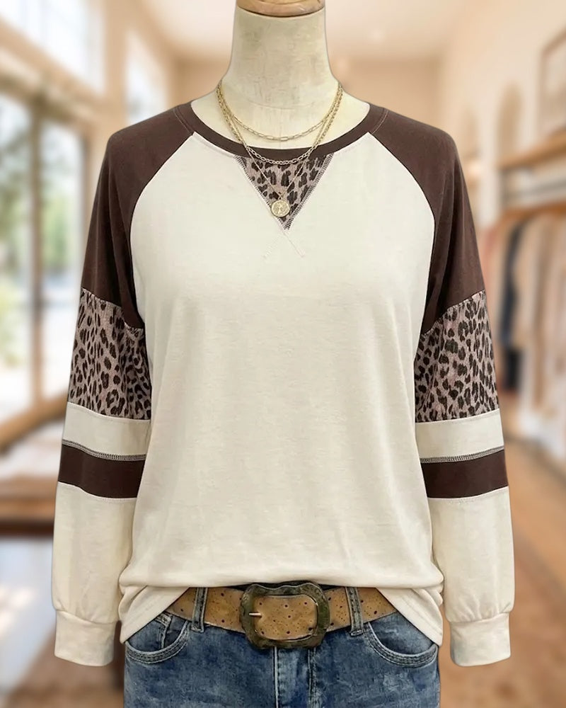 Long Sleeve Leopard Accent Contrast Panel Casual Sweatshirt