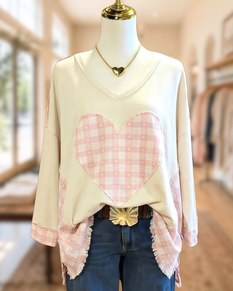 Patchwork Plaid Heart Applique On-trend V Neck Frayed Shirt