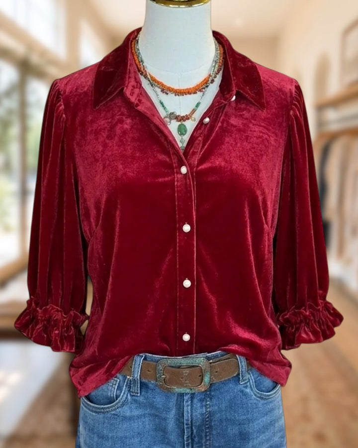 Collared Velvet Button Down Blouse with Ruffle Cuffs