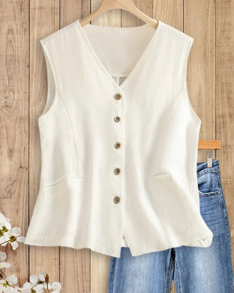 Casual V Neck Button Front Sleeveless Vest With Pockets
