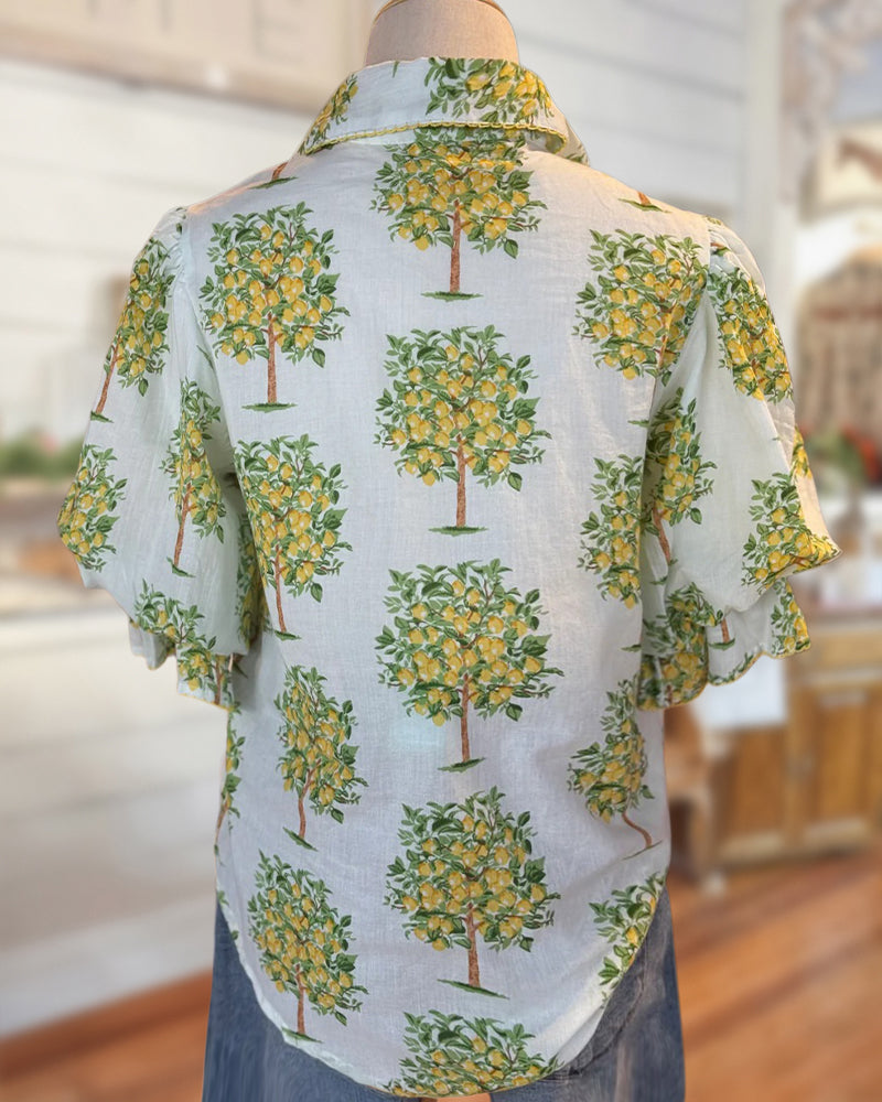 Lemon Tree Print Ruffle Trim Puff Sleeve Button Front Blouse
