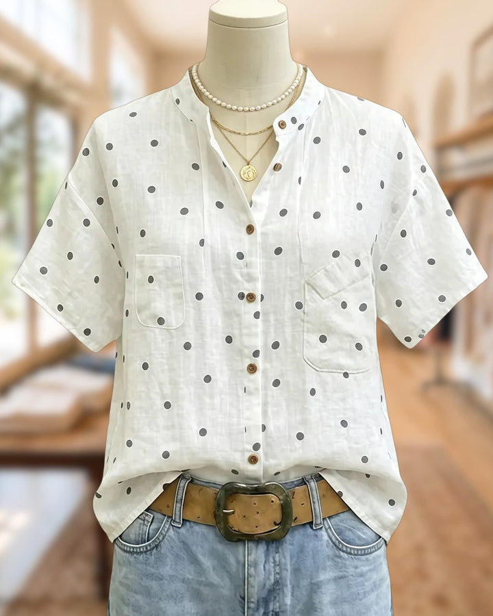 Polka Dot Stand Collar Short Sleeve Button Up Shirt