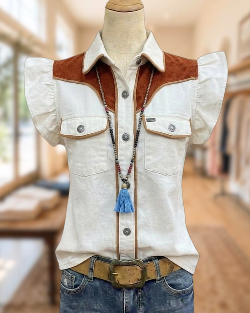 Contrast Yoke Flutter Sleeve Button Down Flap Pocket Shirt