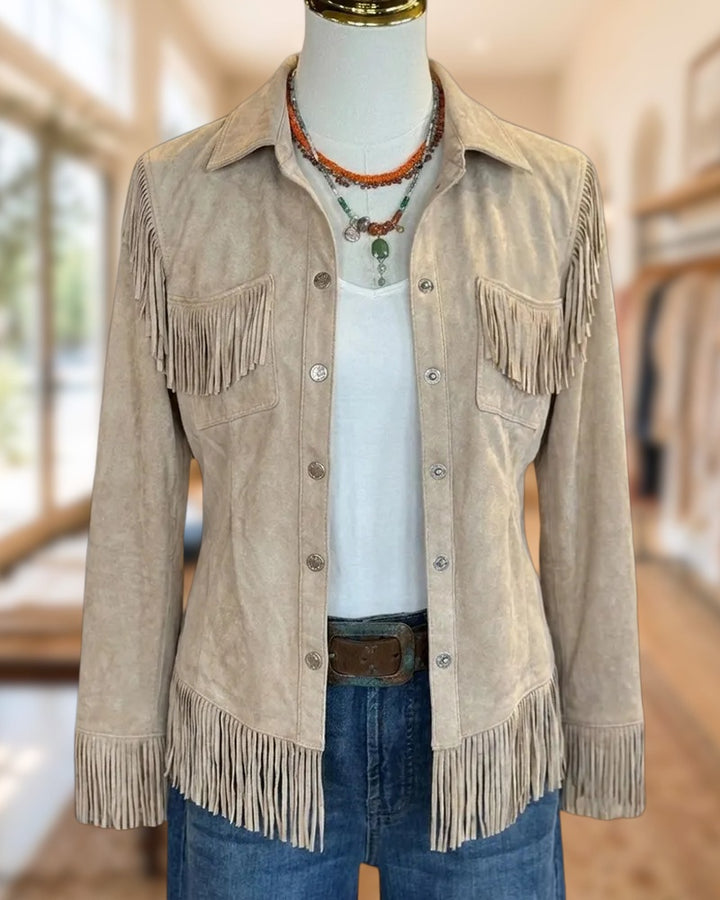 Fringe Trim Button Front Collared Long Sleeve Casual Jacket