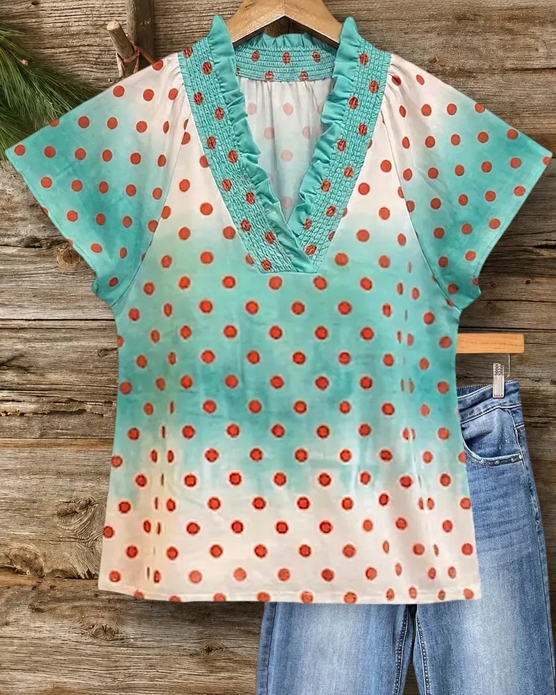 Polka Dot Ruffled V Neck Flutter Sleeve Casual Blouse