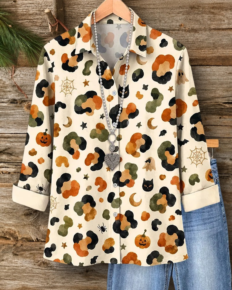 Halloween Print Button Up Long Sleeve Collared Casual Shirt