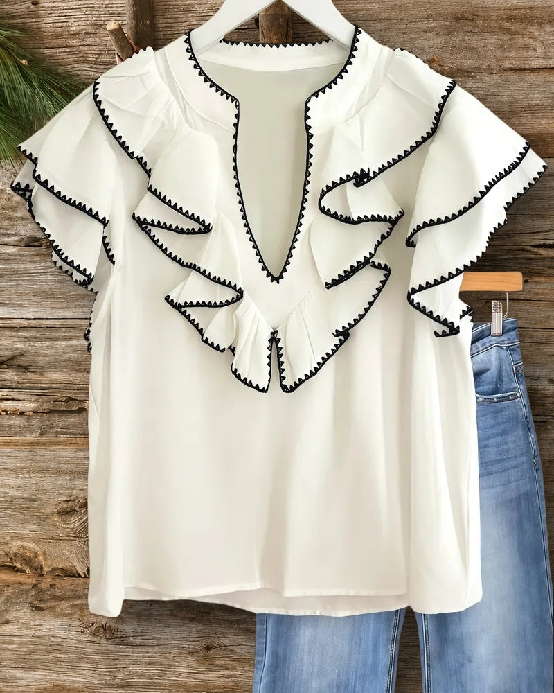 Contrast-Stitch Trim Playful Ruffles V Neck Blouse