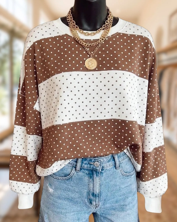 Polka Dot Color Block Crew Neck Long Sleeve Dropped Shoulder Sweatshirt