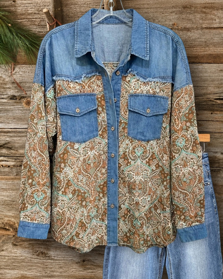 Paisley Patchwork Button Front Denim Shirt With Chest Pockets