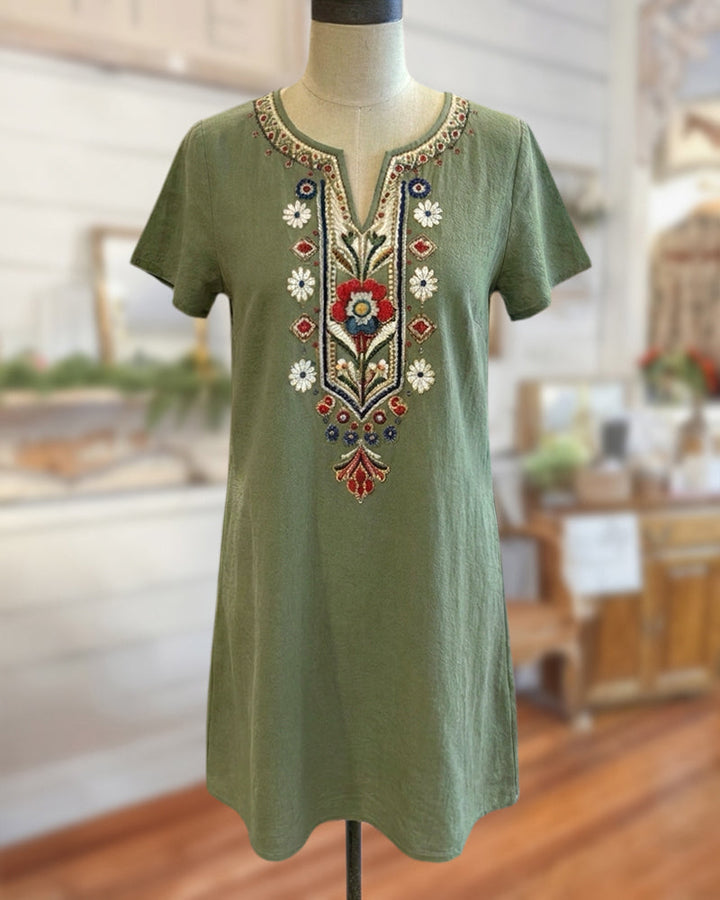 Natural Print V-Neck Short Sleeve Relaxed Fit Shift Mini Dress