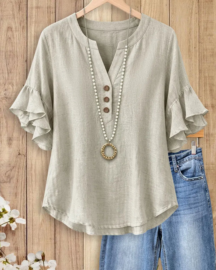 Solid Color Ruffle Sleeve V Neck Casual Flowy Blouse