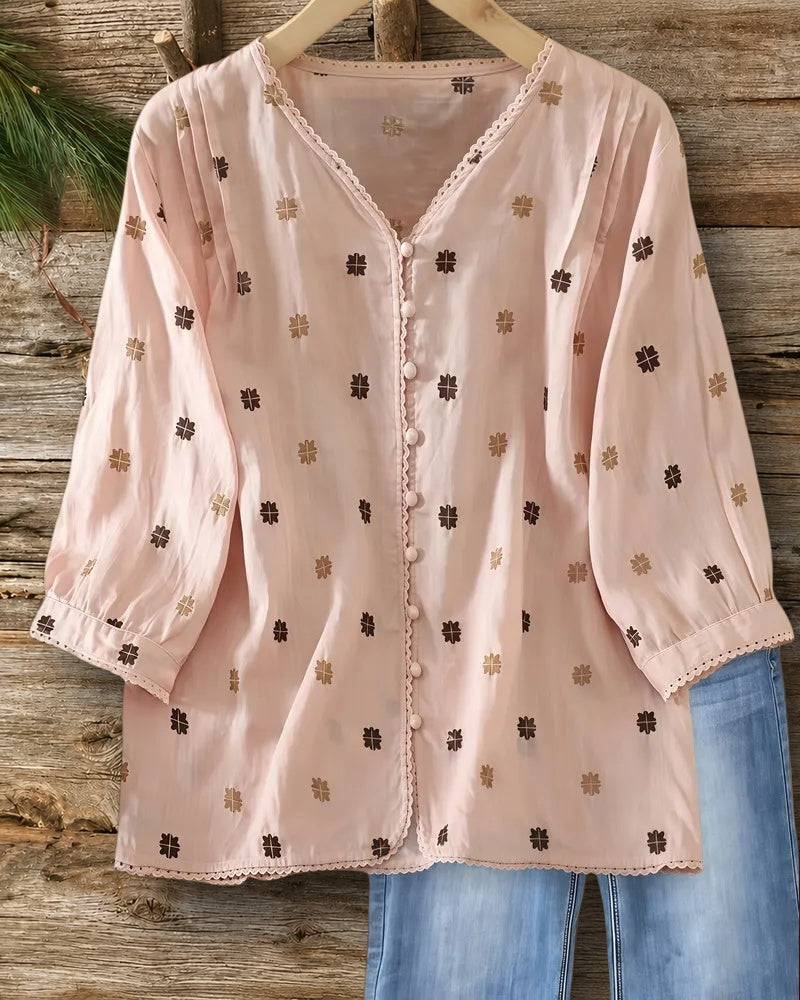 V Neck Lace Trim Button Front Embroidered Loose Blouse