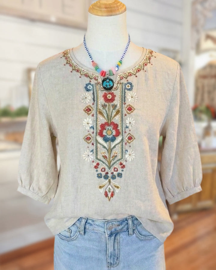 Natural Print 3/4 Sleeve Round Neck Loose Fit Casual Blouse