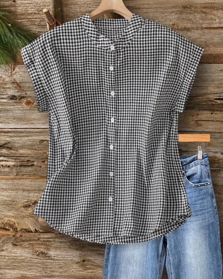 Stand Collar Button Front Cap Sleeve Relaxed Fit Casual Shirt