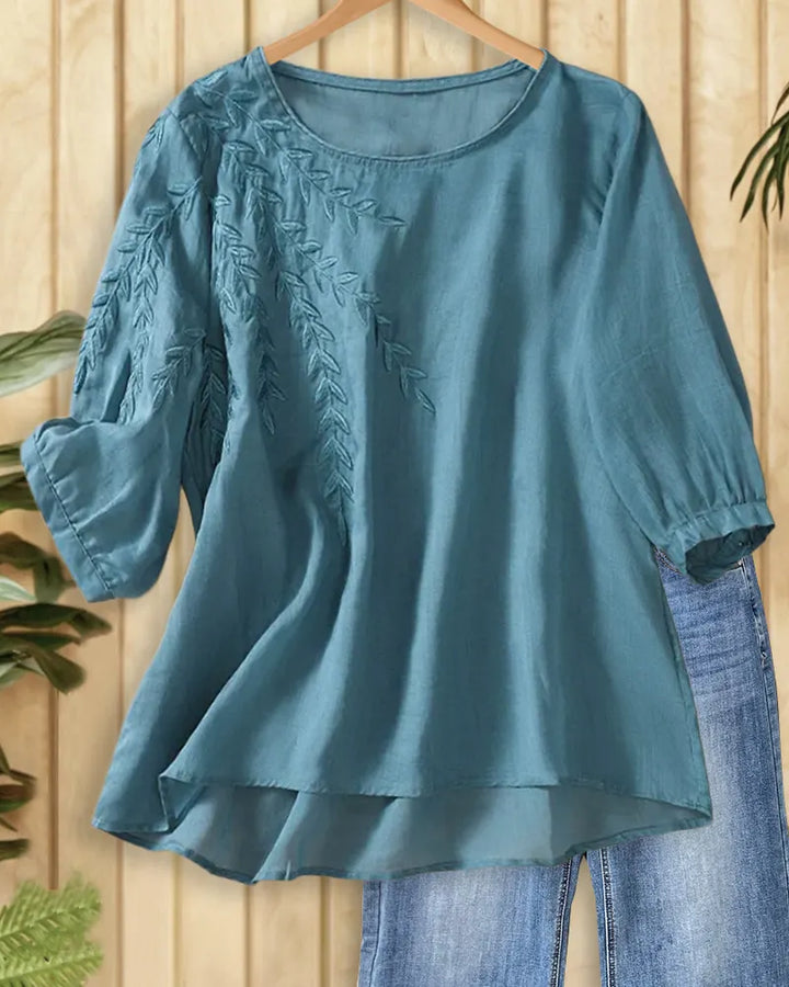 Embroidered Leaf Contrast Trim High Low Hem 3/4 Sleeve Blouse