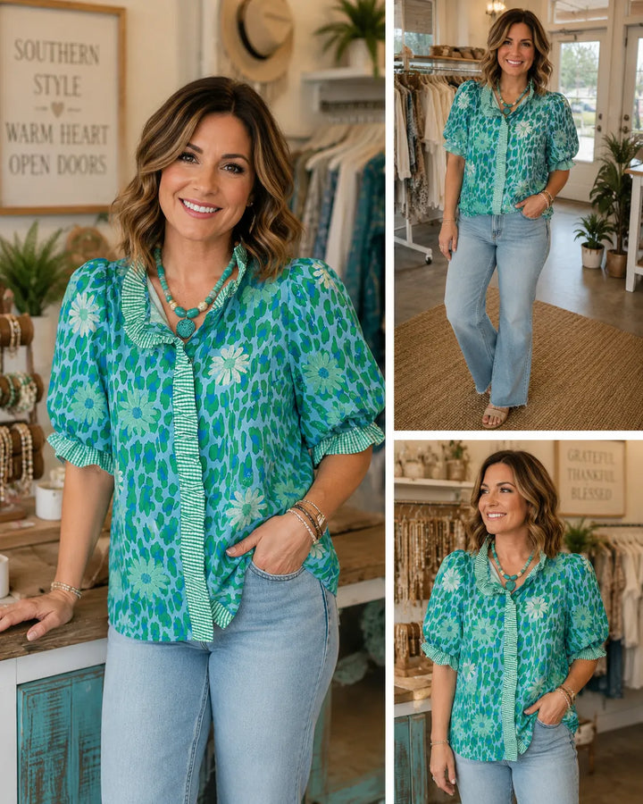 Puff Sleeve Gingham Trim Half Placket Ruffled Cuff Casual Blouse