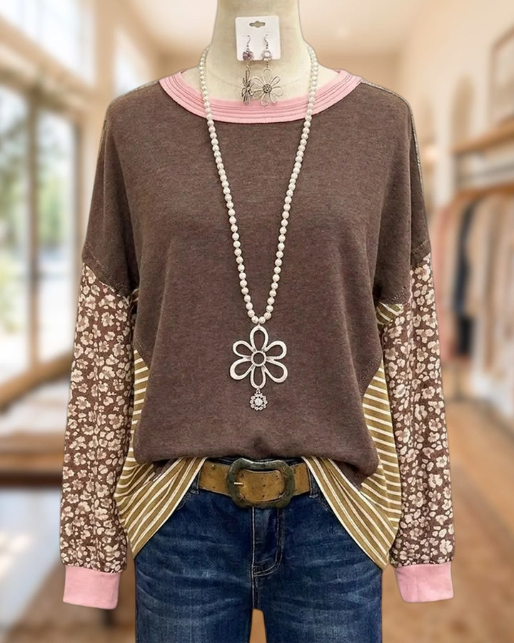 Patchwork Contrast Trim Floral Sleeve Striped Panel Top