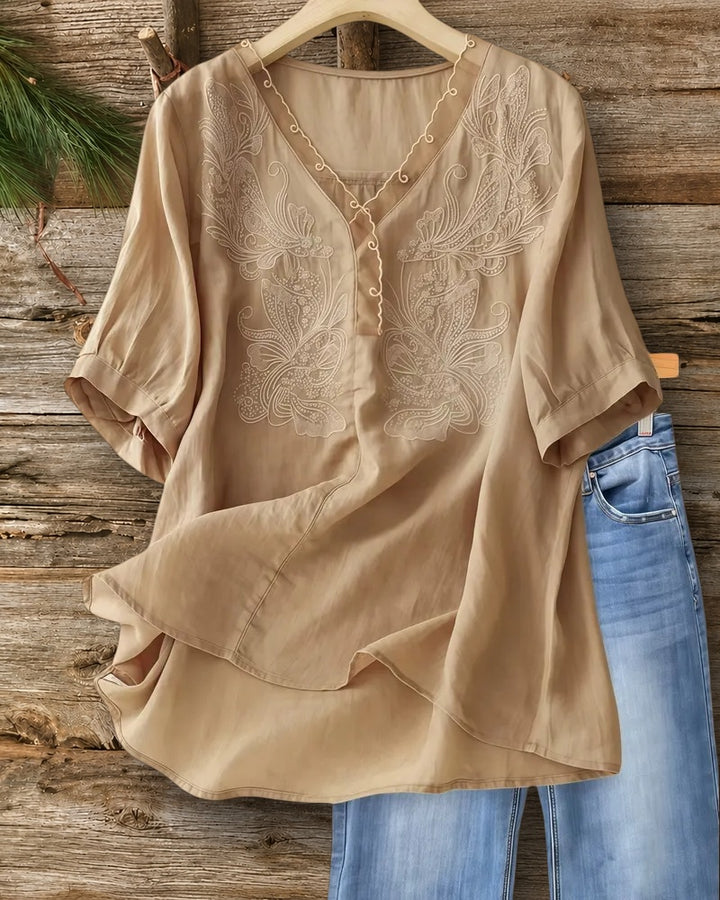 Solid Color Floral Embroidery Glamorous V Neck Blouse