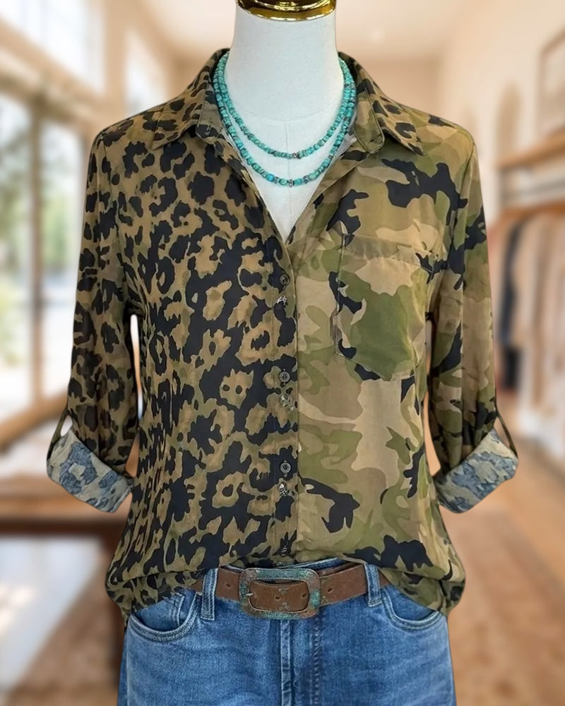 Mixed Print Roll Tab Sleeve Shirt
