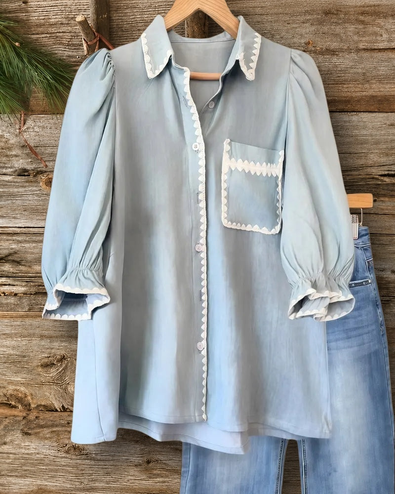 Shell Stitch Trim Hit Color Chic Button Up Shirt
