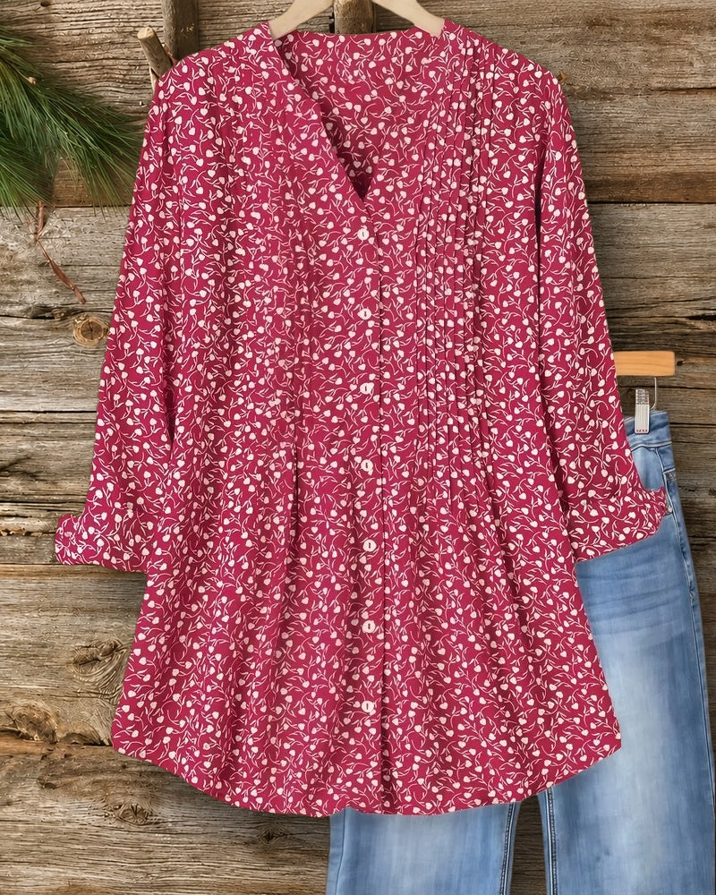 Heart Print Pastoral Pleated Detail Button Blouse