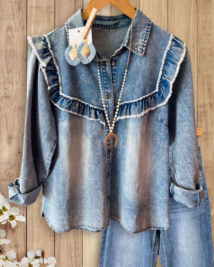 Ruffled Trim Collared Denim Long Sleeve Vintage Chic Shirt