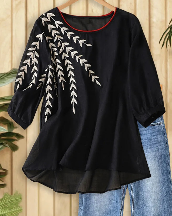 Embroidered Leaf Contrast Trim High Low Hem 3/4 Sleeve Blouse