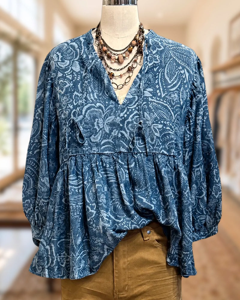 Paisley Print Tie Neck Babydoll Blouse With Lantern Sleeves