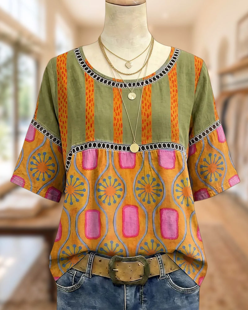 Abstract Print Lacy Insert Casual Round Neck Blouse