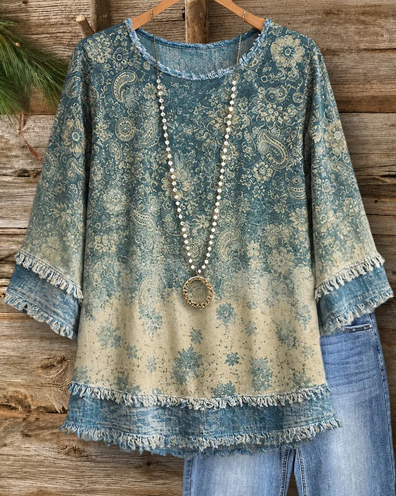 Paisley Frayed Trim 3/4 Sleeve Blouse