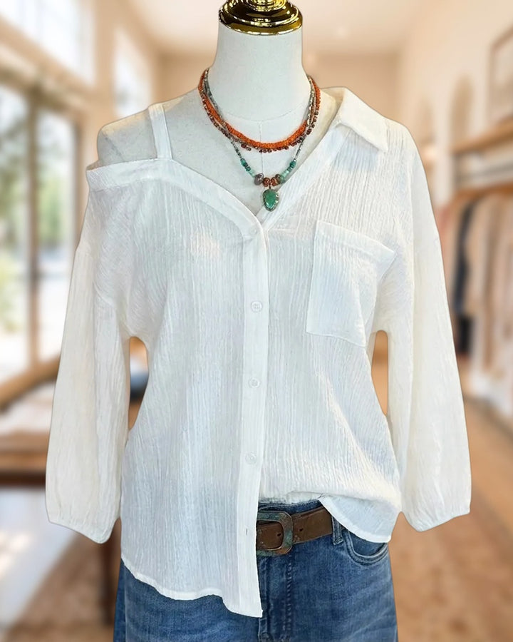 Cold Shoulder Button Front Collared Pocket Long Sleeve Blouse
