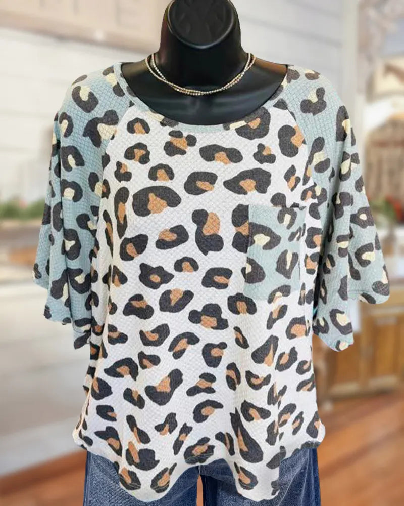 Leopard Print Raglan Sleeve Patch Pocket Round Neck Blouse