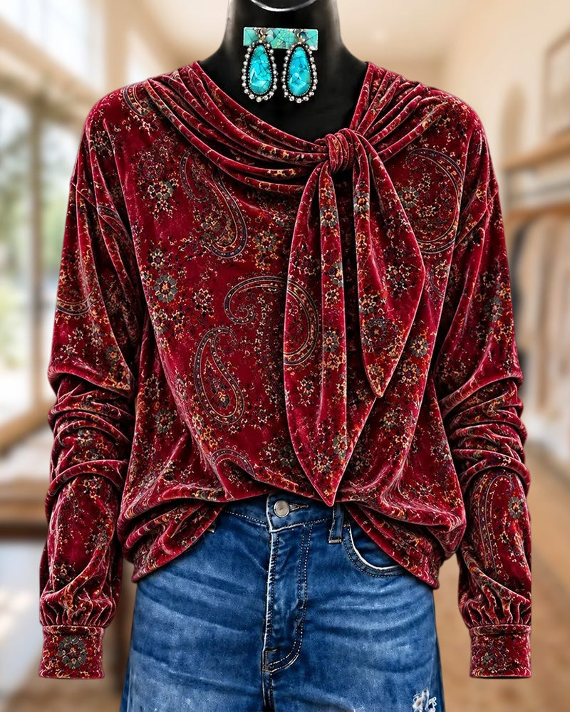 Tie Neck Paisley Print Velvet Long Sleeve Bohemian Blouse