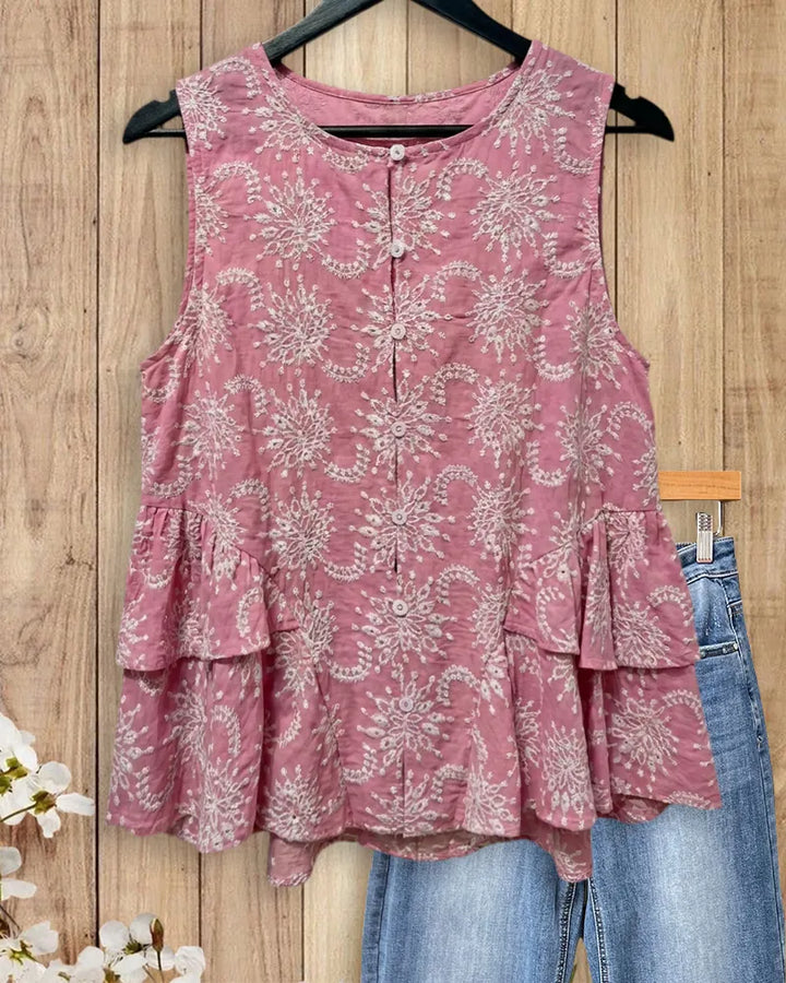 Embroidered Button Front Tiered Peplum Sleeveless Lightweight Casual Top