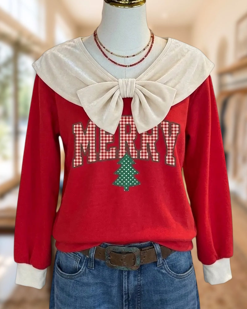 Bow Collar Merry Graphic Contrast Cuff Long Sleeve Top
