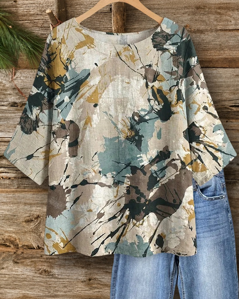 Abstract Print Half Sleeve O Neck Loose Casual Blouse