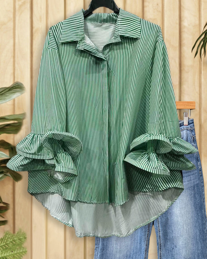 Striped Ruffle Sleeve Button Down On-trend Blouse