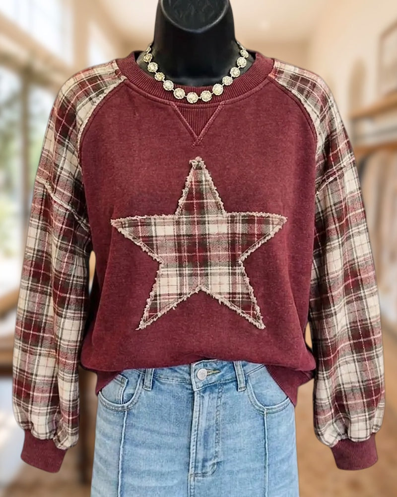 Plaid Contrast Star Patch Raglan Sleeve Crew Neck Sweatshirt