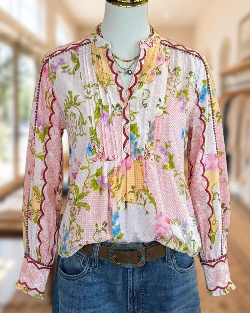 Floral Print Pleated Front Blouse