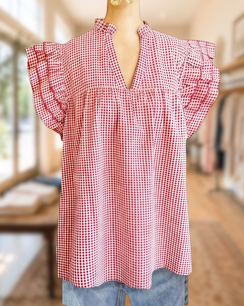 Gingham Rocking Ruffle Sleeve V Neck Blouse