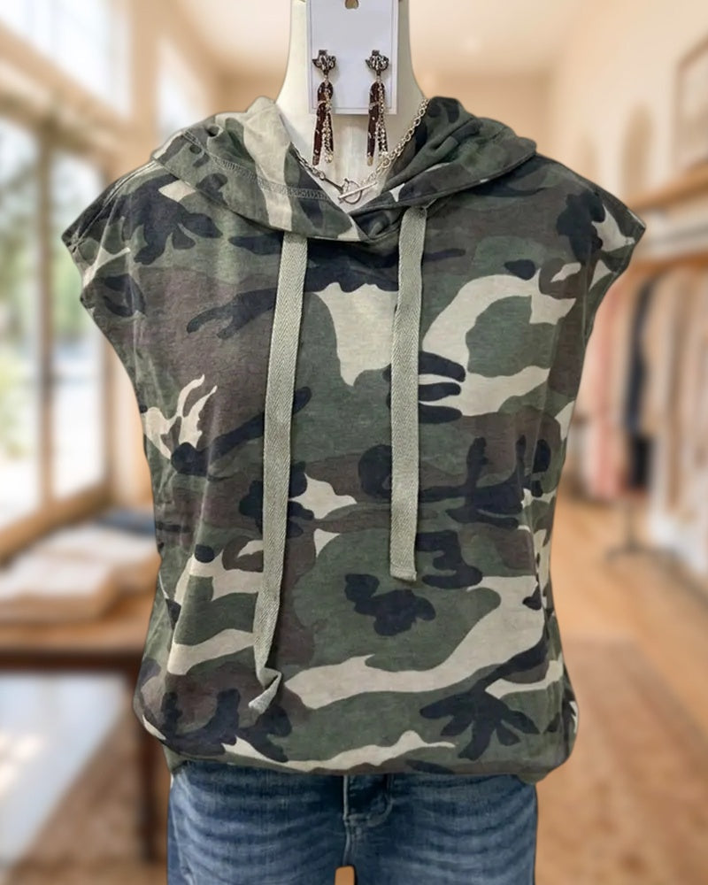Drawstring Hooded Sleeveless Camo Print Relaxed Tank Top