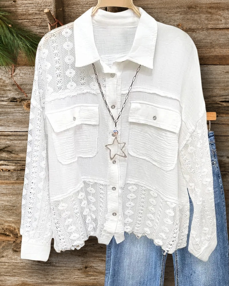 White Lace Patchwork Urban Button Down Blouse
