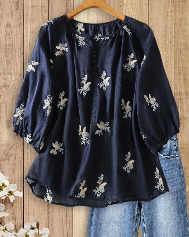 Floral Embroidered Puff Sleeve V Neck Button Front Blouse