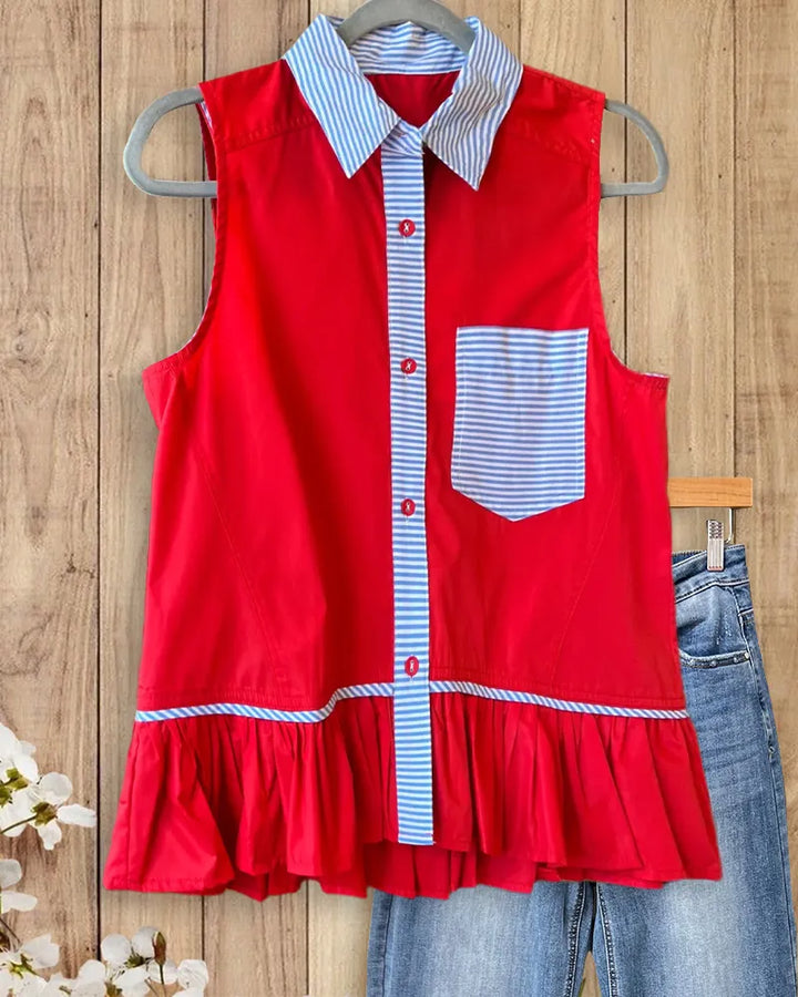 Collared Sleeveless Button Front Peplum Blouse With Striped Accents